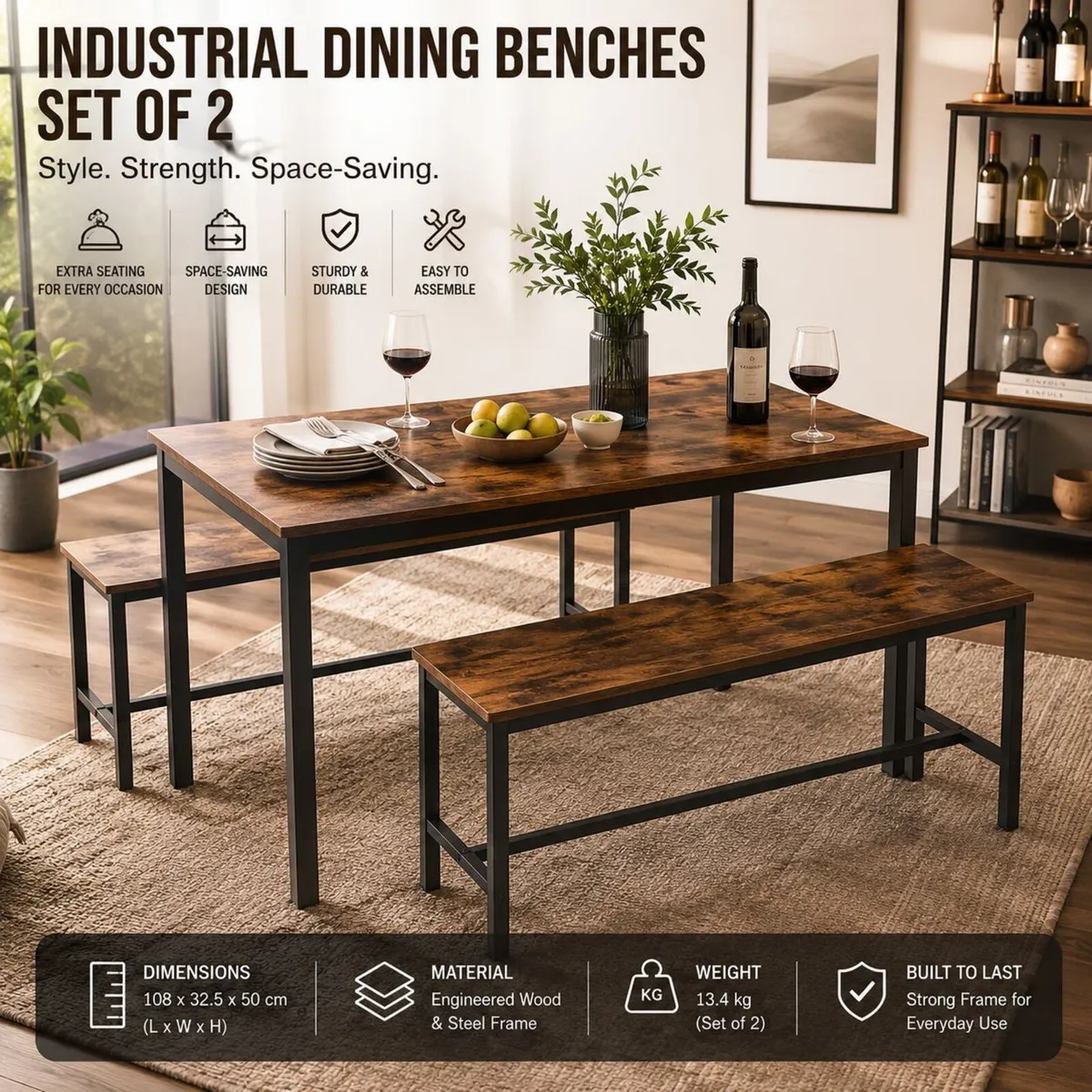 Industrial Dining Benches Set of 2 - Image 2