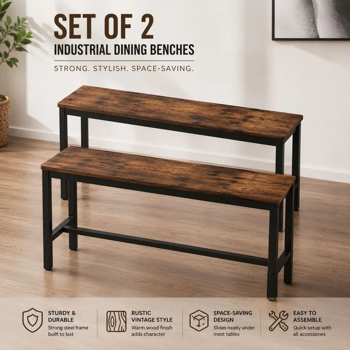 Industrial Dining Benches Set of 2 - Image 1