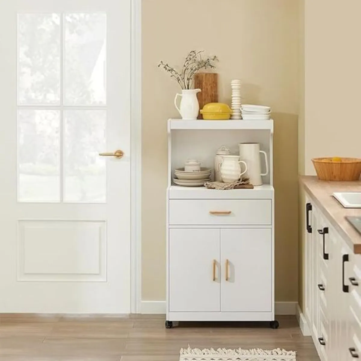 Microwave Trolley on Wheels with Drawer & Cupboard - Image 3