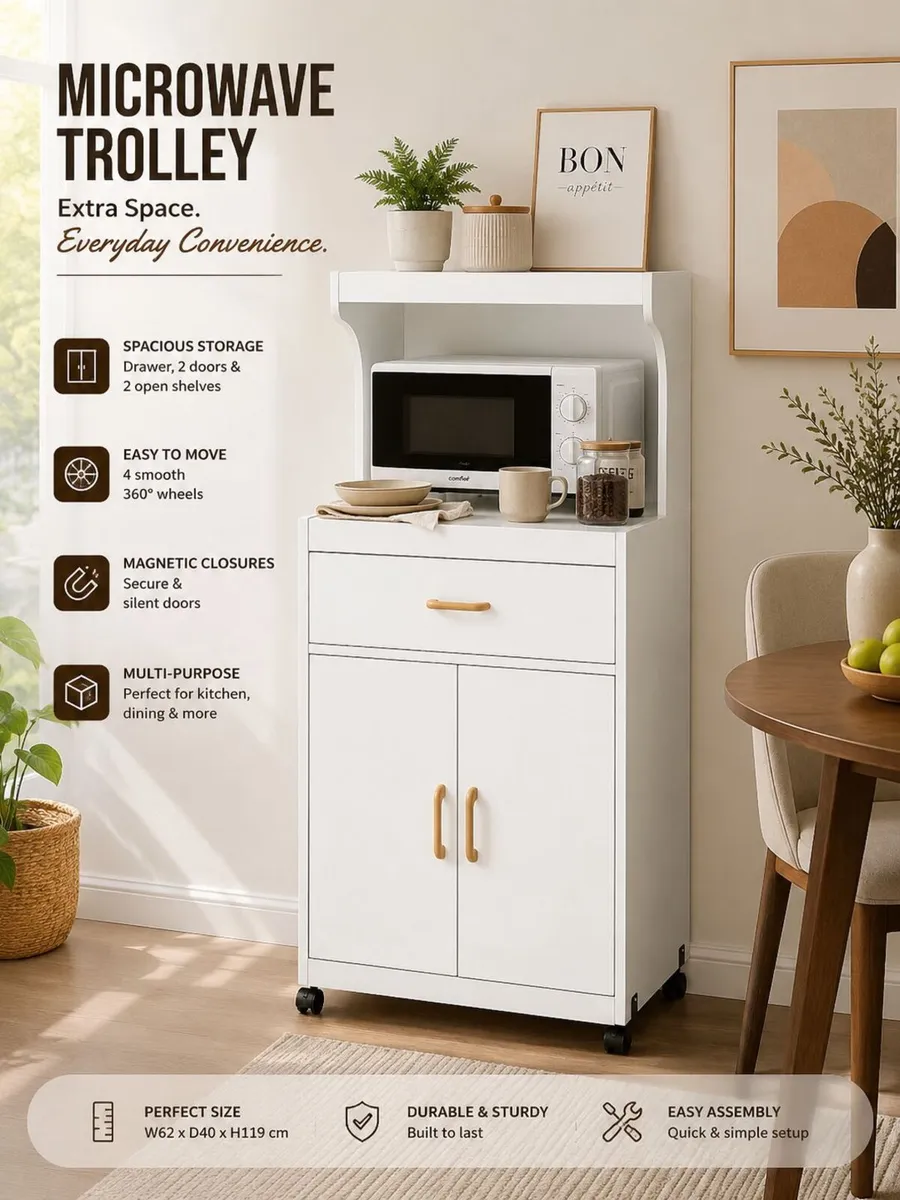 Microwave Trolley on Wheels with Drawer & Cupboard - Image 1