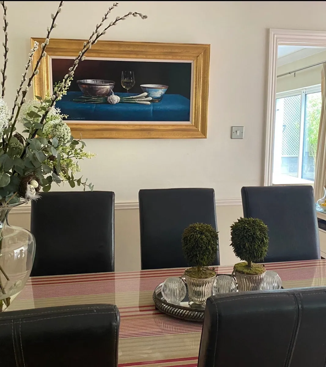 6 Seater wooden table with glass top and chairs - Image 1