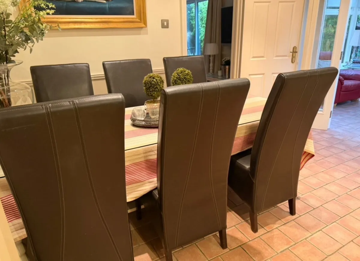 6 Seater wooden table with glass top and chairs - Image 2