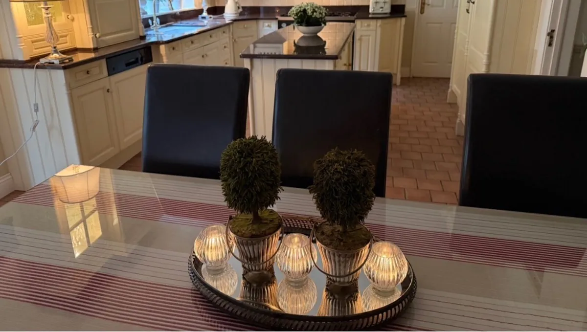 6 Seater wooden table with glass top and chairs - Image 4