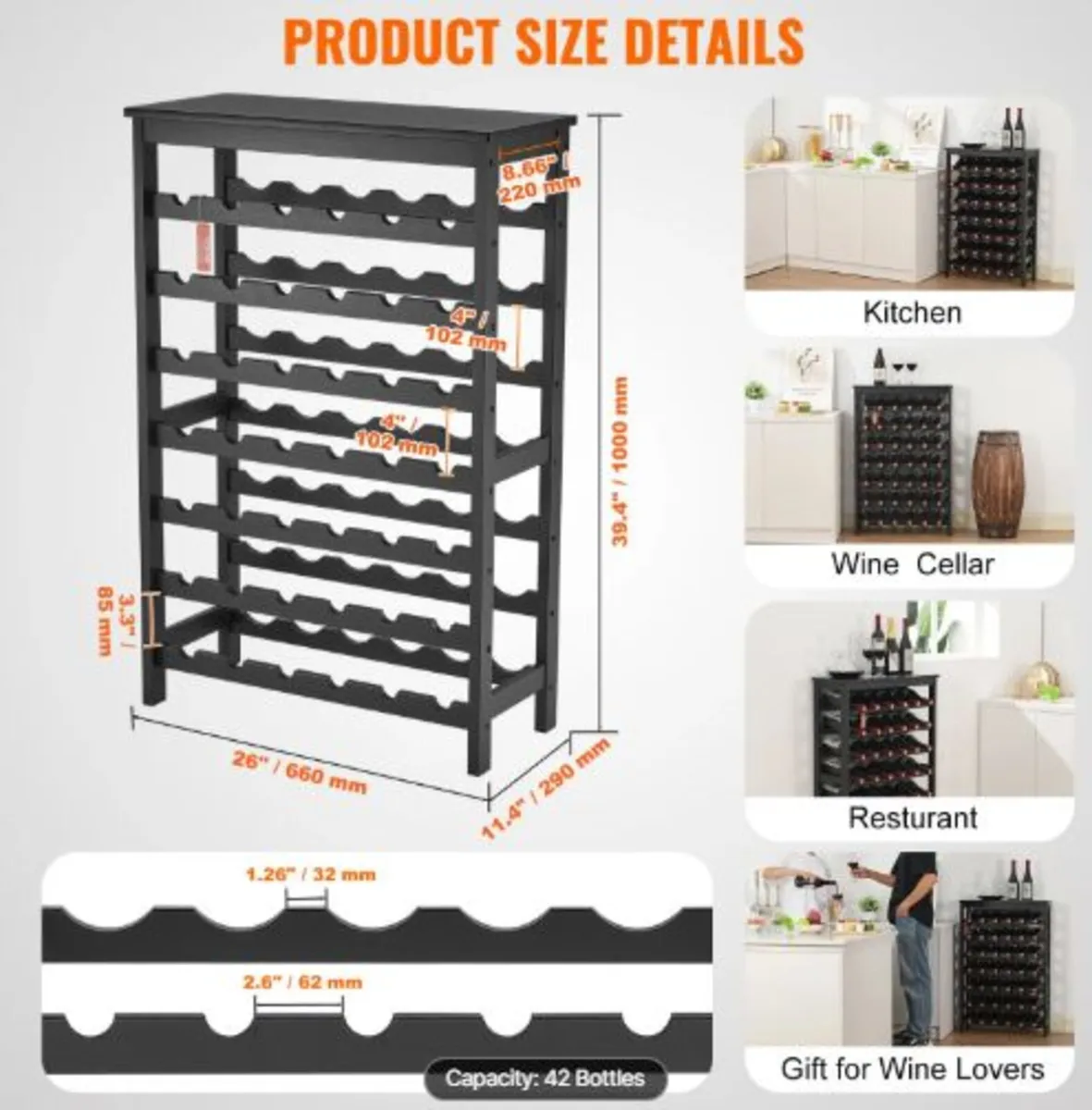 42 Bottle Modular Wine Rack, 7-Tier Solid Bamboo - Image 4