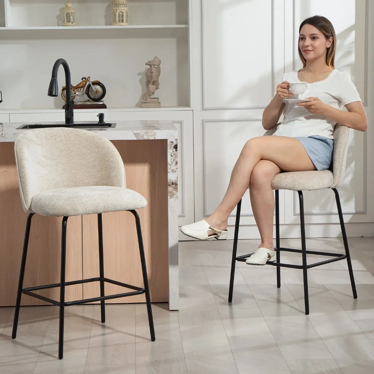 Set of 2 Bar Stools with Backrest and Footrest Pad - Image 3