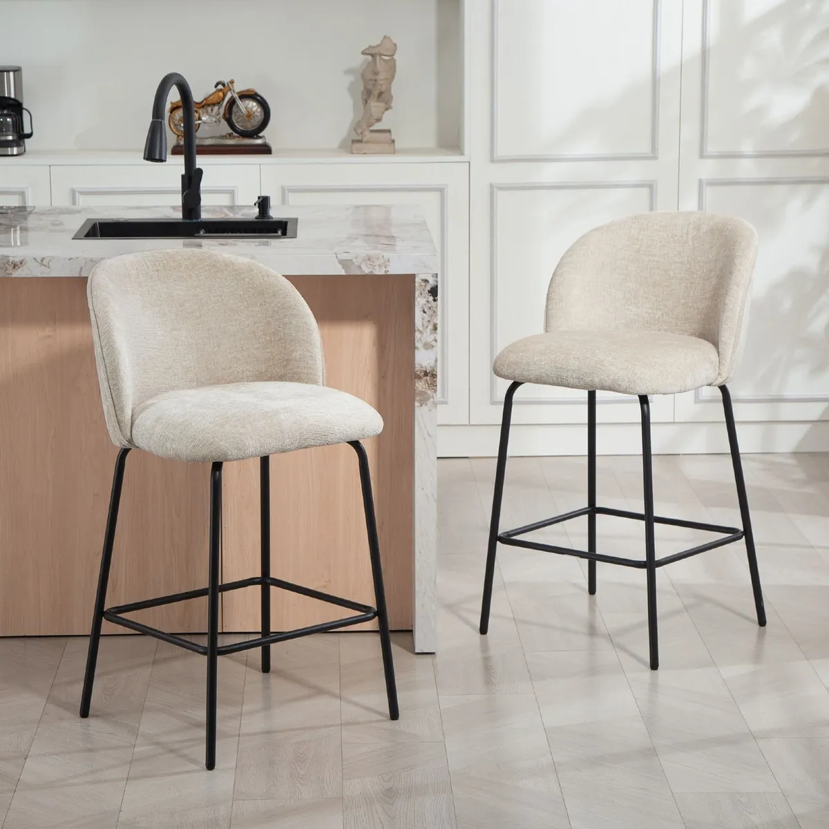 Set of 2 Bar Stools with Backrest and Footrest Pad - Image 1