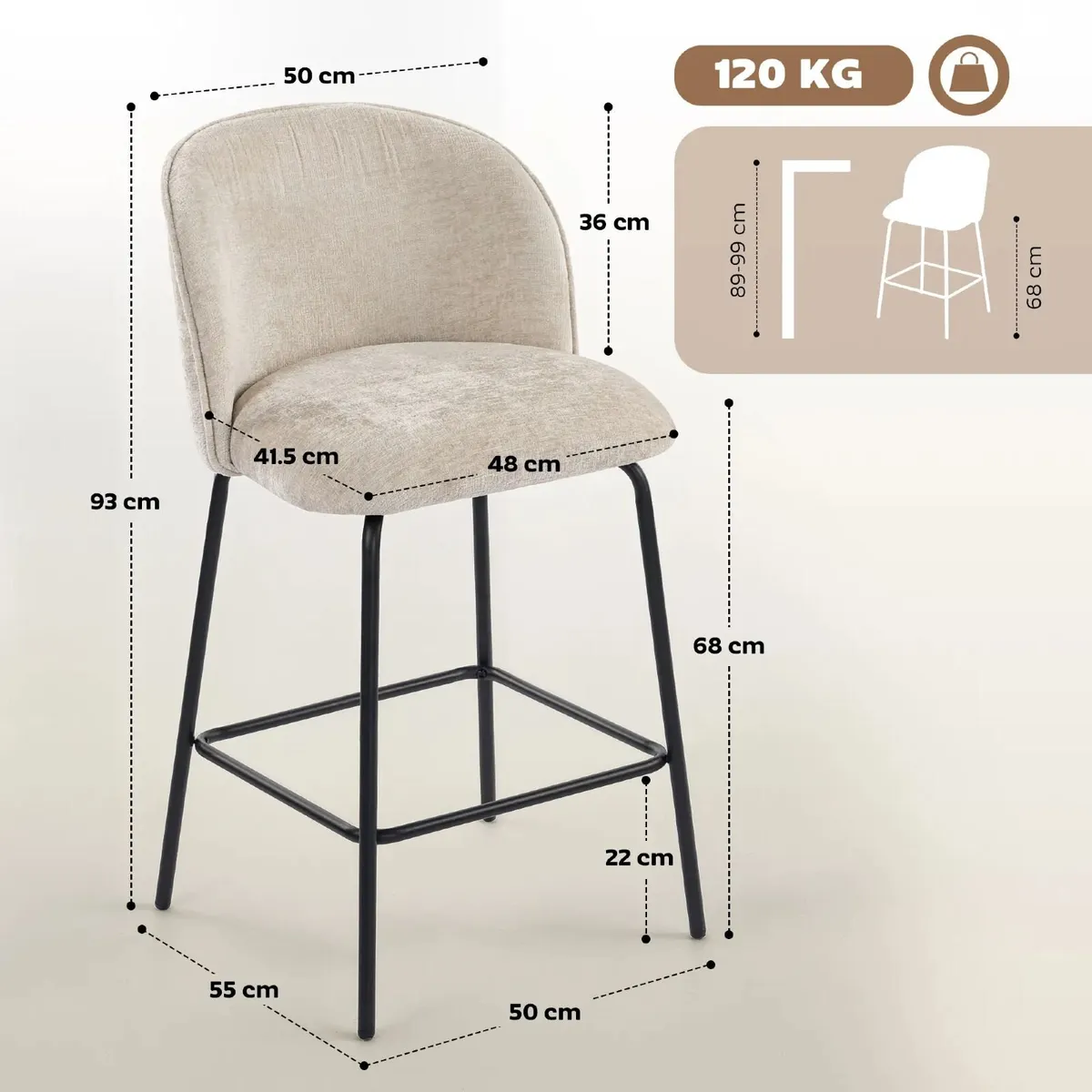 Set of 2 Bar Stools with Backrest and Footrest Pad - Image 2