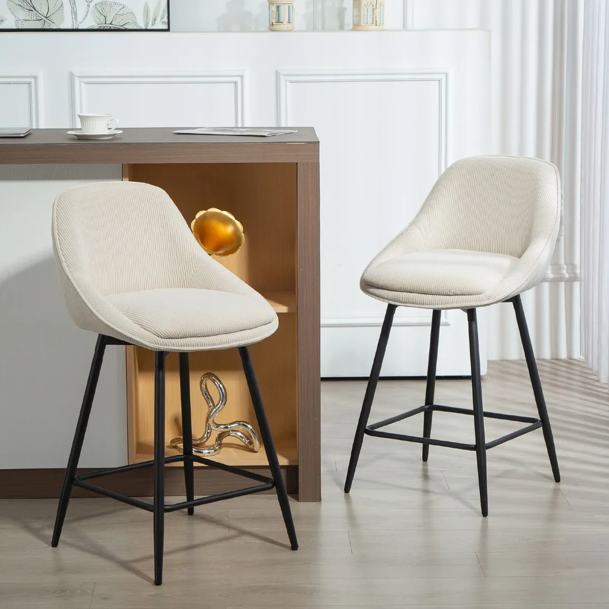 Set of 2 Corduroy Velvet Bar Stools with Curved Ba - Image 1