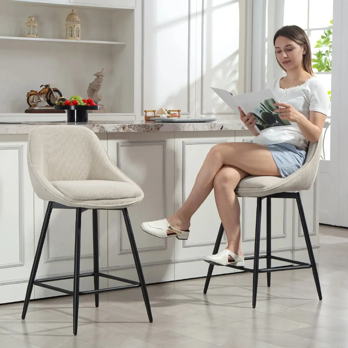 Set of 2 Corduroy Velvet Bar Stools with Curved Ba - Image 3