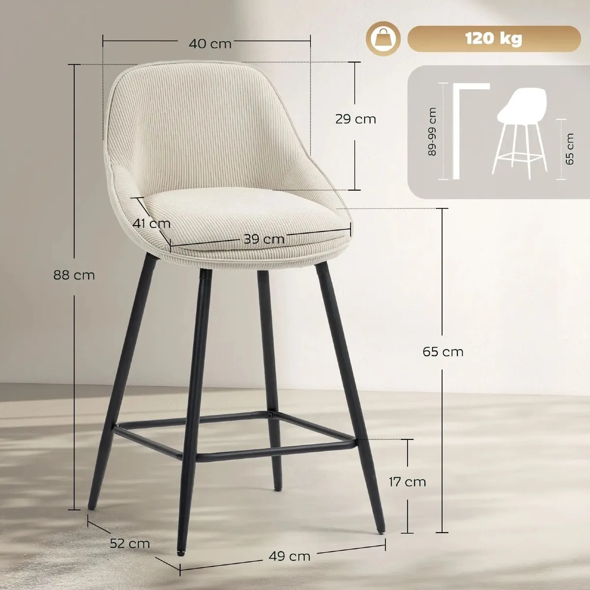 Set of 2 Corduroy Velvet Bar Stools with Curved Ba - Image 2