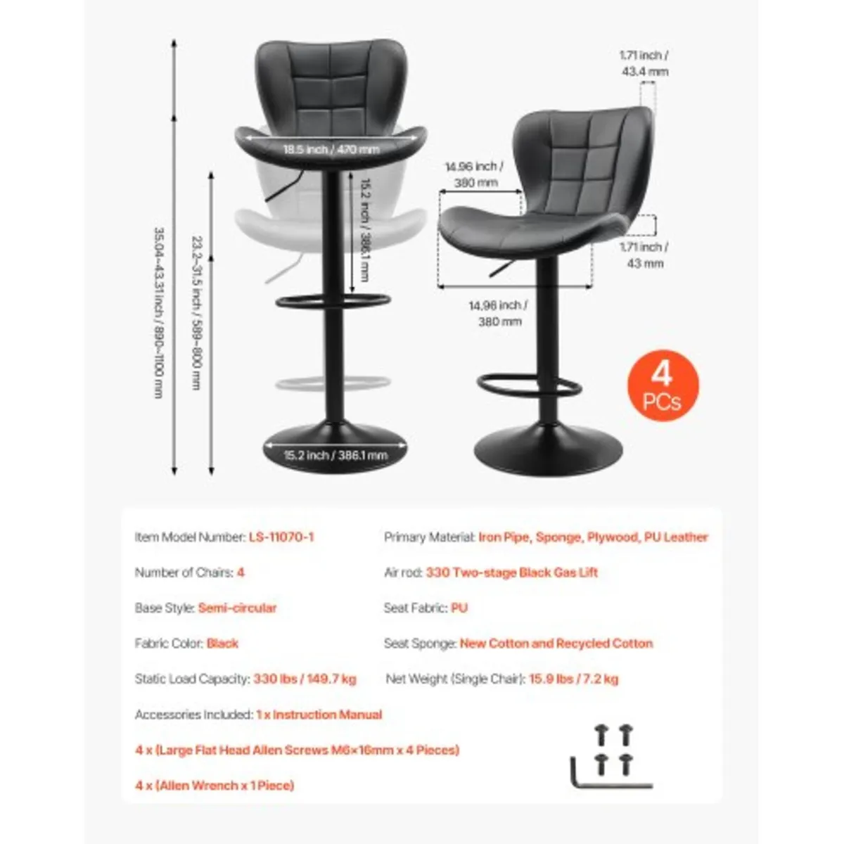 Bar Stool Set of 4, Modern PU Leather Counter Heig - Image 4