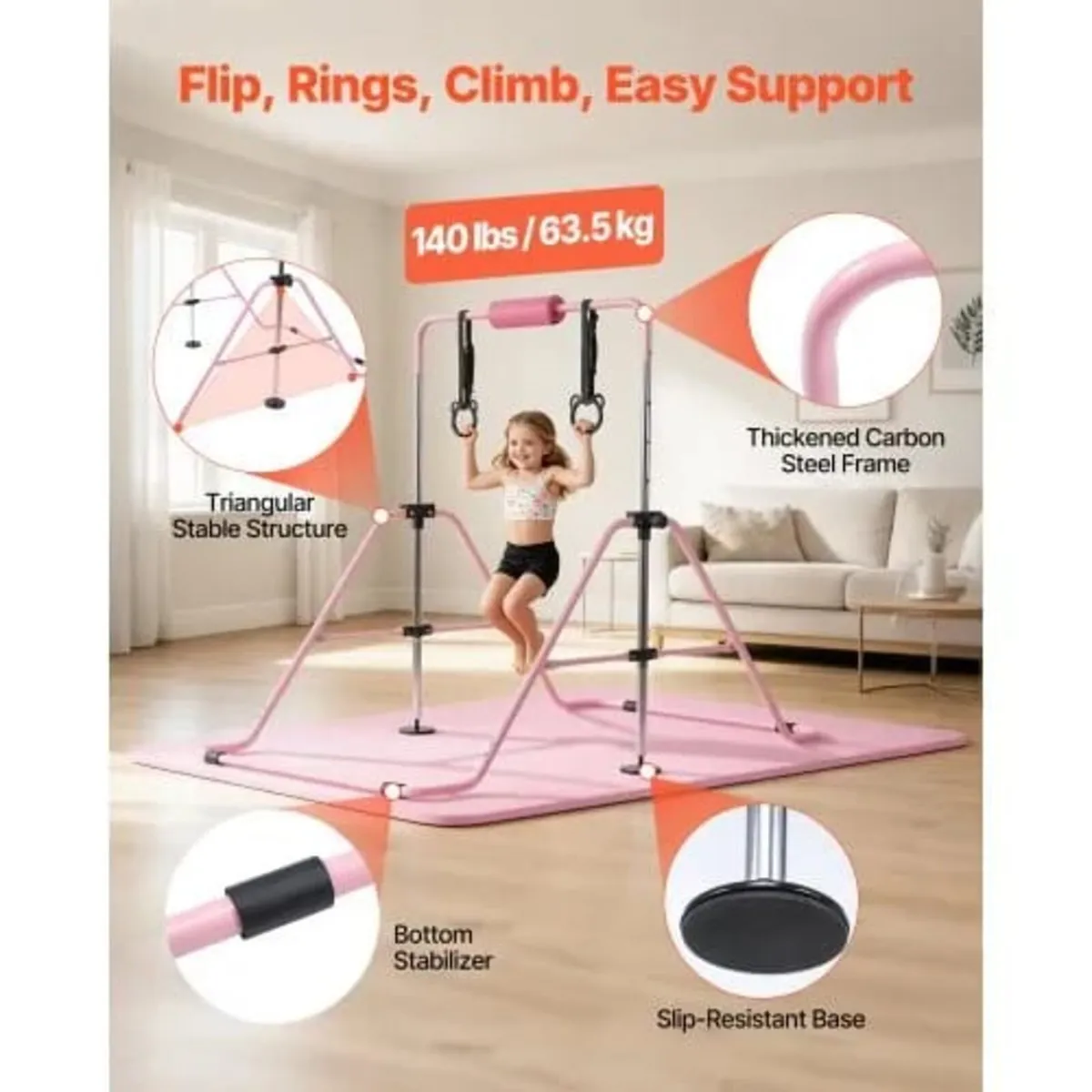 Gymnastic Bars for Kids, 63.5 kg Capacity Folding - Image 3