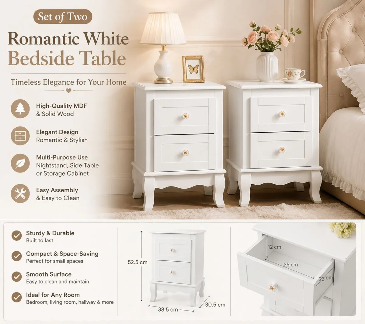 Set of 2 White Bedside Tables with Drawers – Mode - Image 2