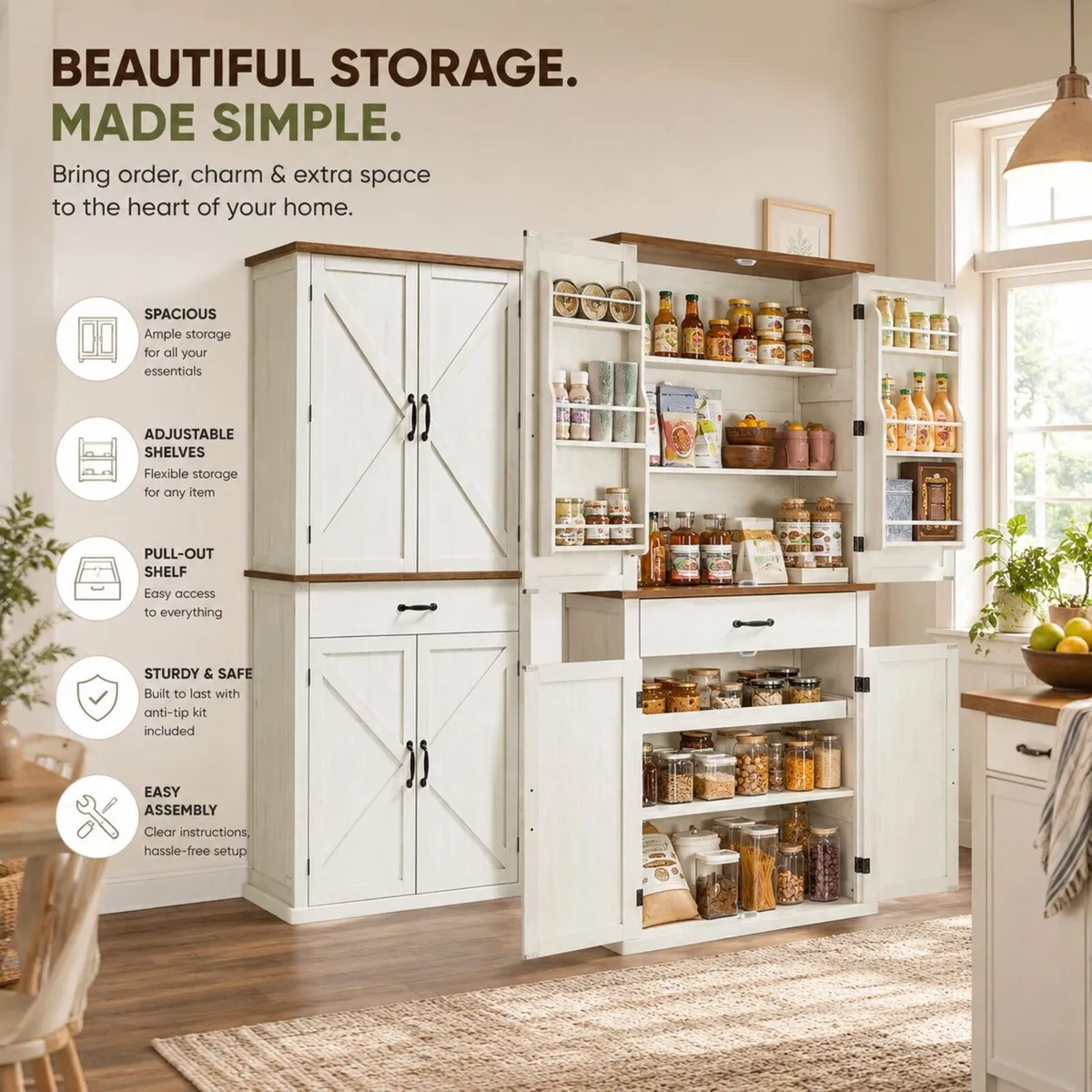 Kitchen Pantry Storage Cabinet Country Style Tall - Image 3