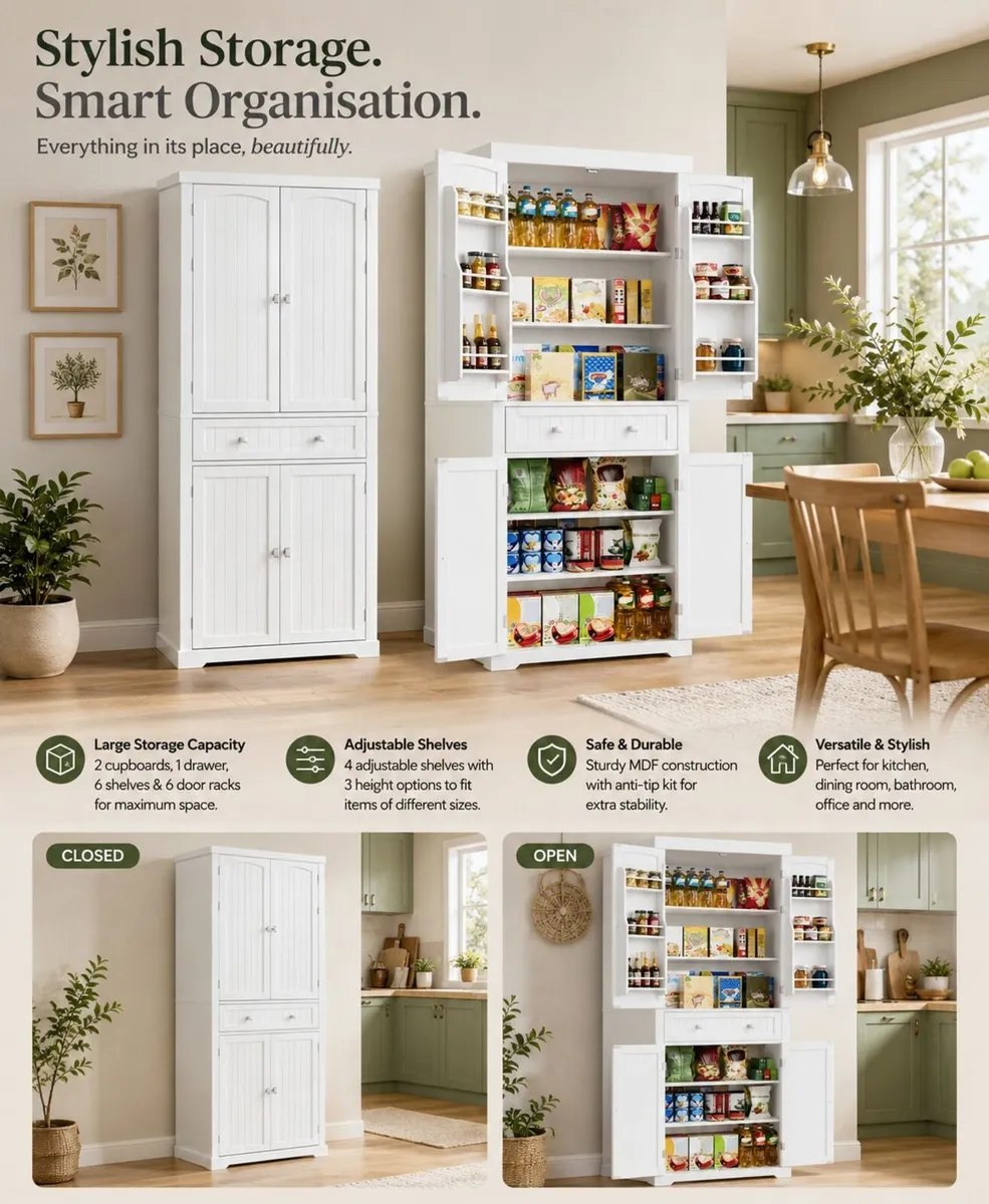 Tall White Storage Cabinet with Shelves and Drawer - Image 2