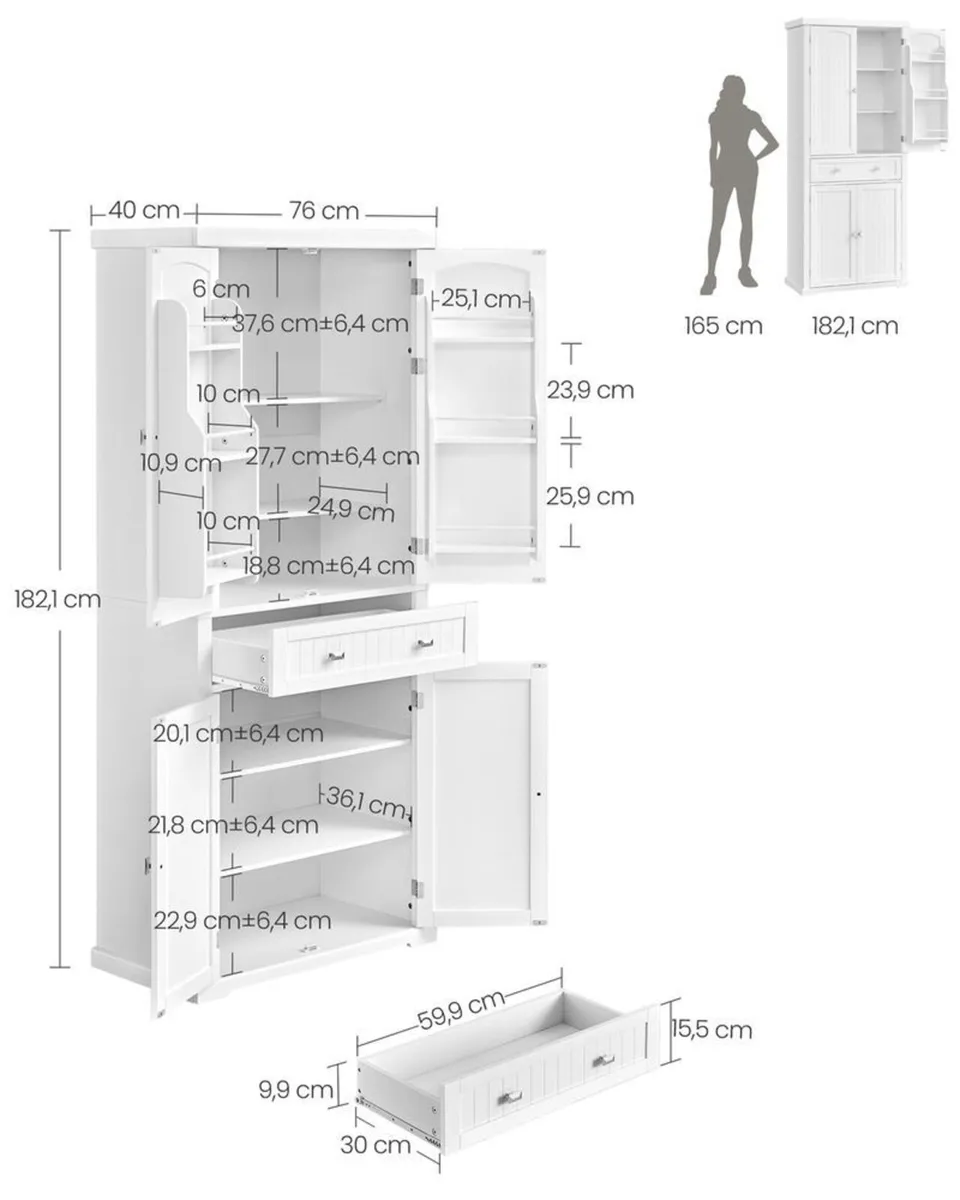 Tall White Storage Cabinet with Shelves and Drawer - Image 4