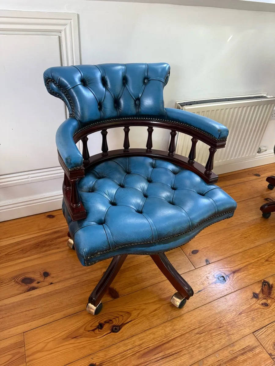 Vintage Chesterfield Captain Chair Blue Leather - Image 2