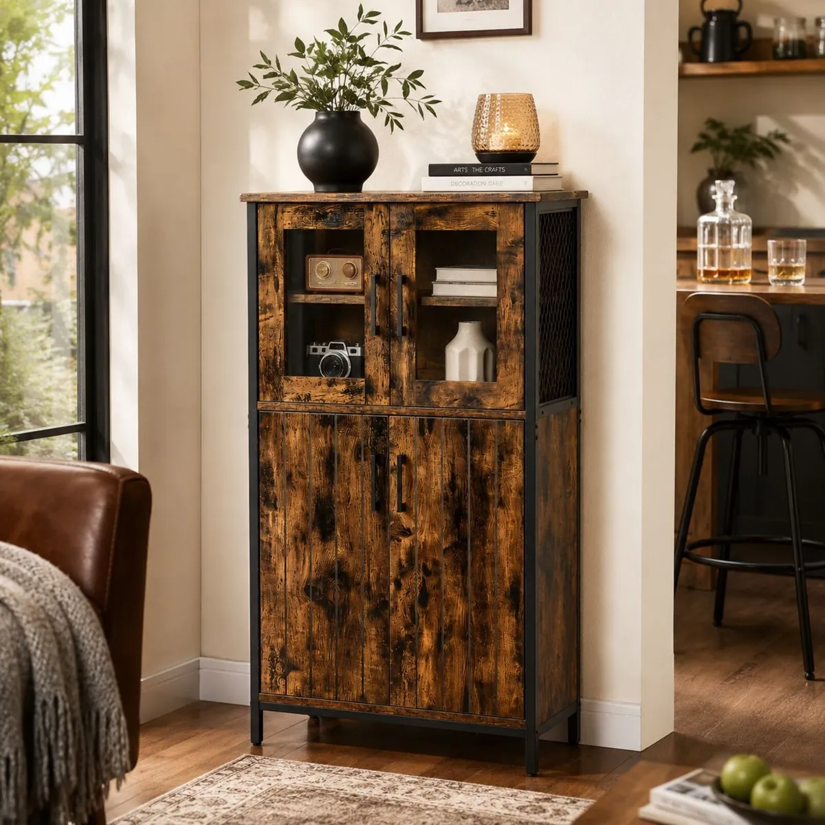 Industrial Storage Cabinet with Glass Doors Rustic - Image 2