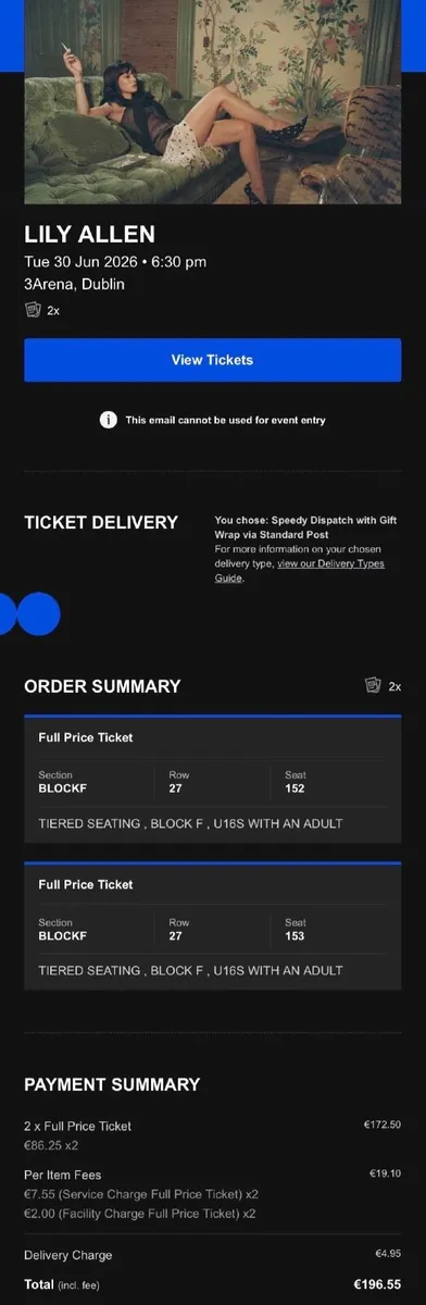 Lily Allen Tickets x 2 Dublin 3Arena June 30th - Image 3