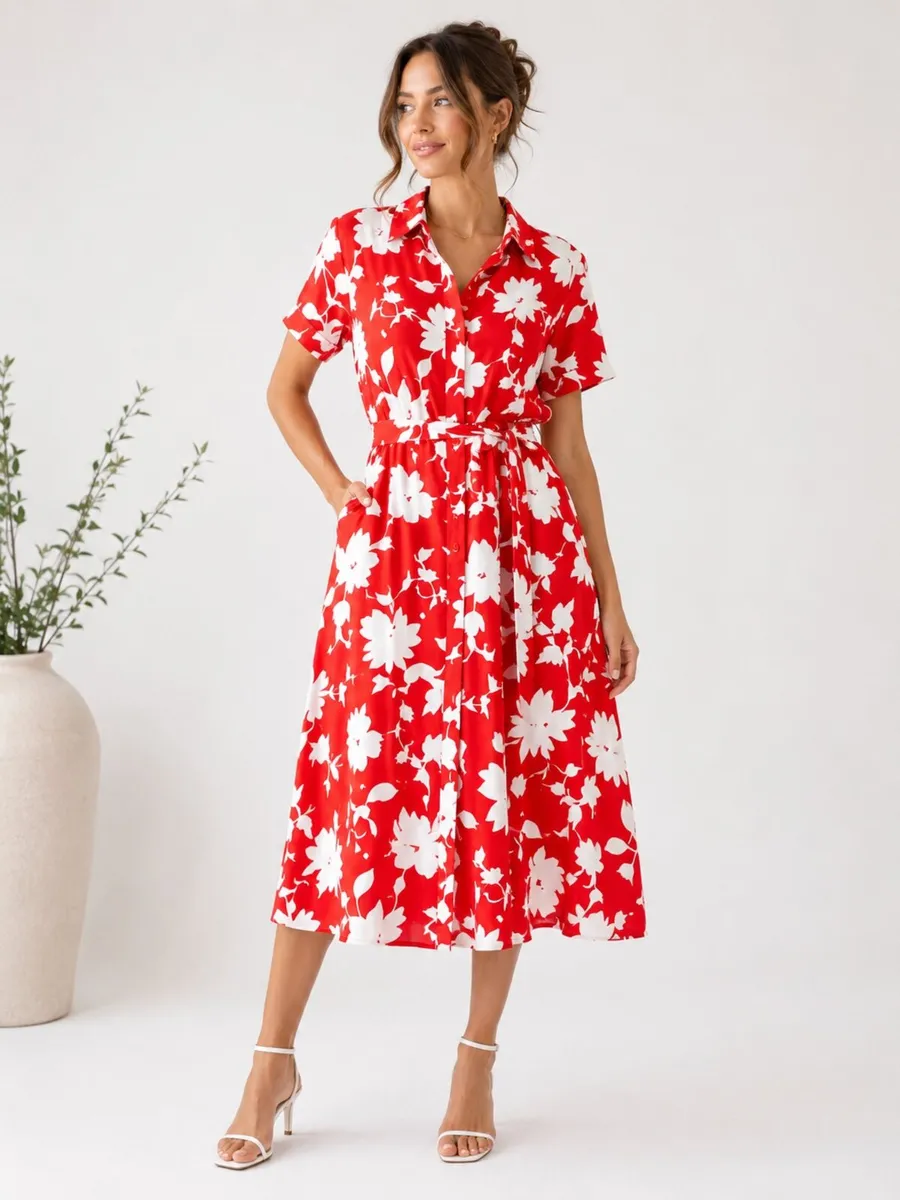 NEW red and white floral shirt dress: Size 14 - Image 1