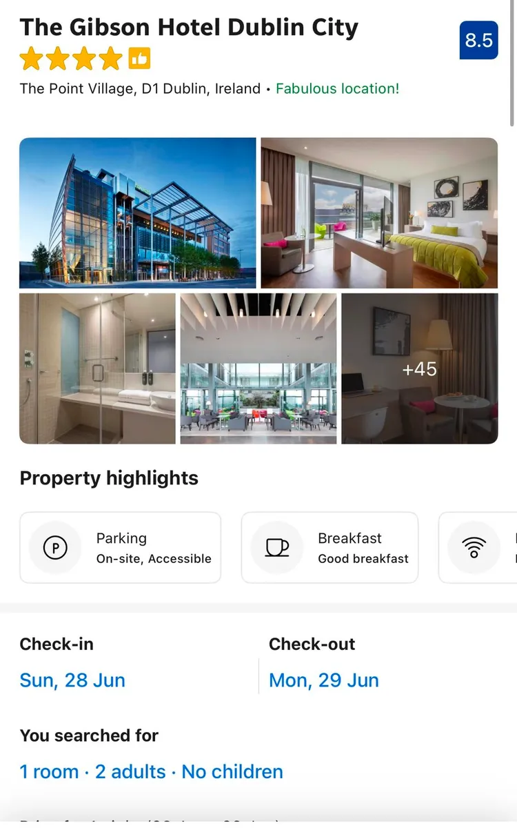One night in Gibson hotel plus breakfast for two
