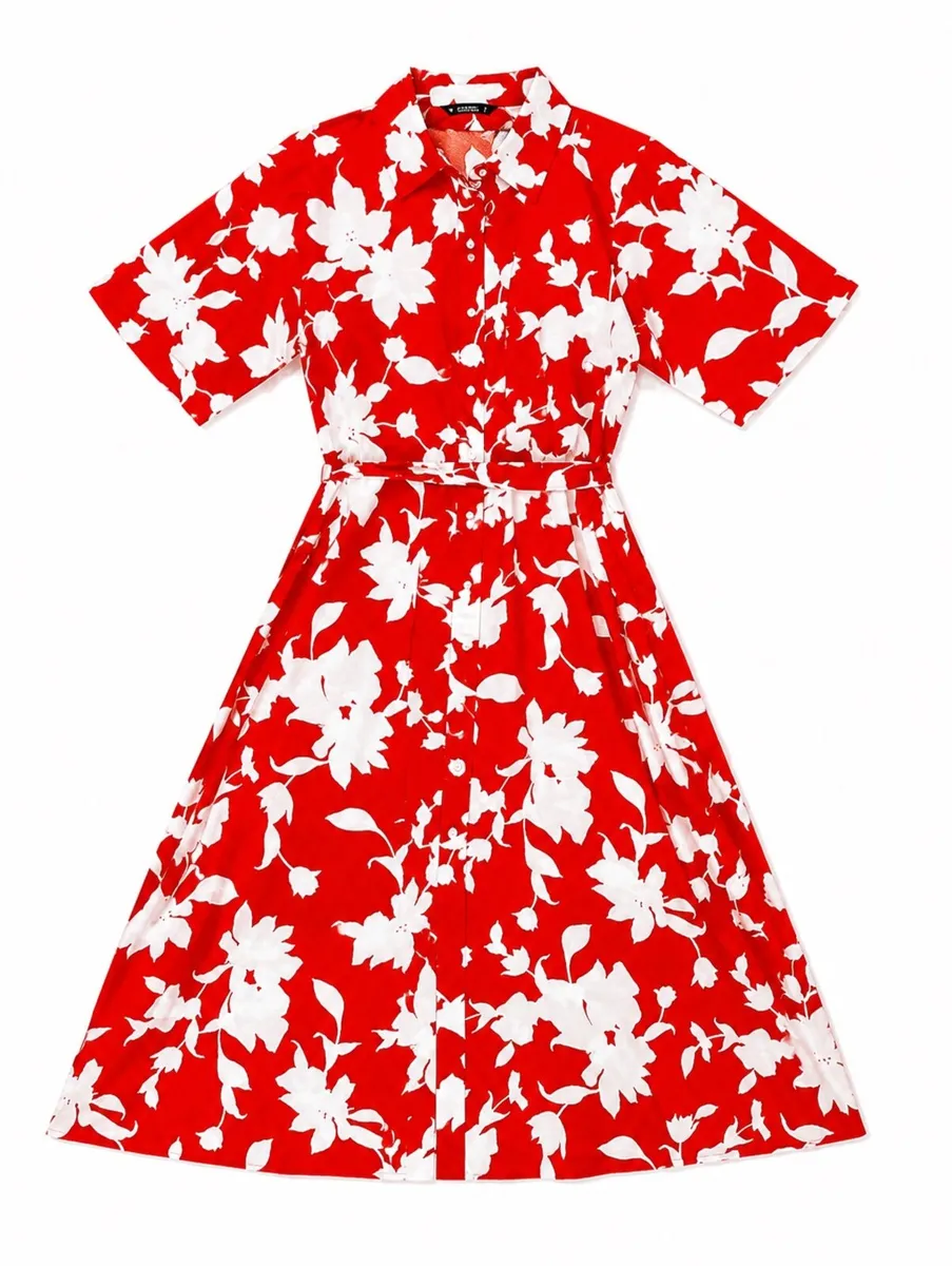 NEW red and white floral shirt dress: Size 14 - Image 2
