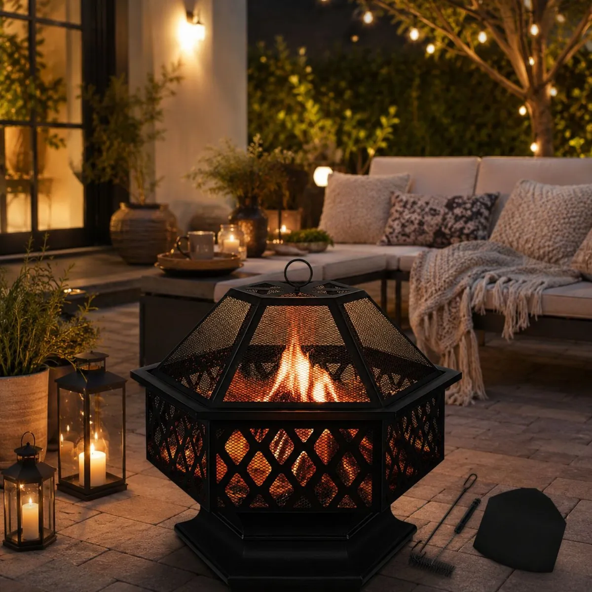 4-in-1 Outdoor Fire Pit with BBQ Grill, Spark Guar - Image 1