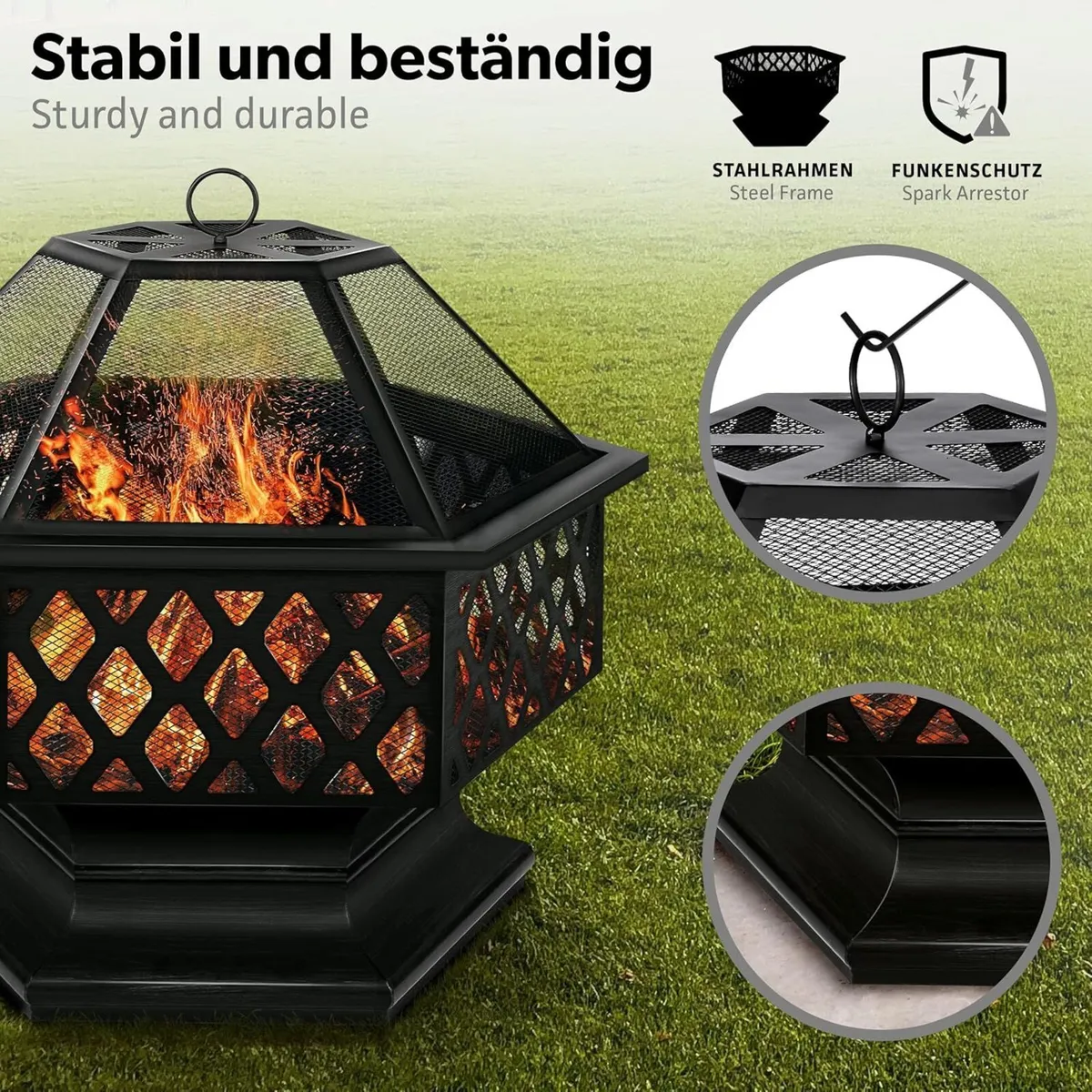 4-in-1 Outdoor Fire Pit with BBQ Grill, Spark Guar - Image 3