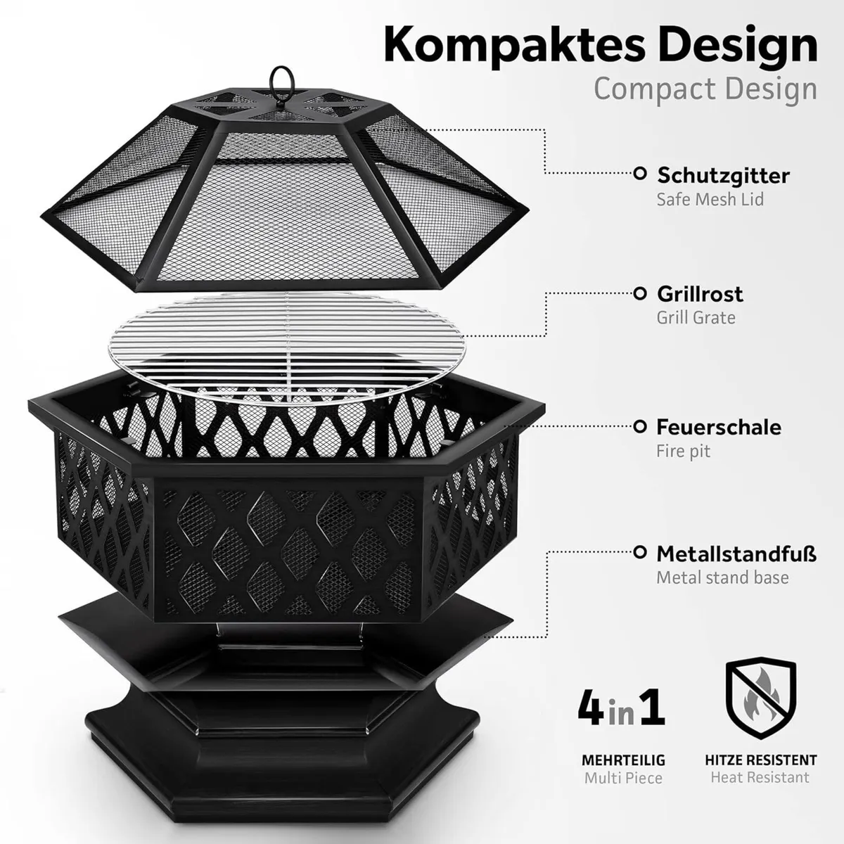 4-in-1 Outdoor Fire Pit with BBQ Grill, Spark Guar - Image 4
