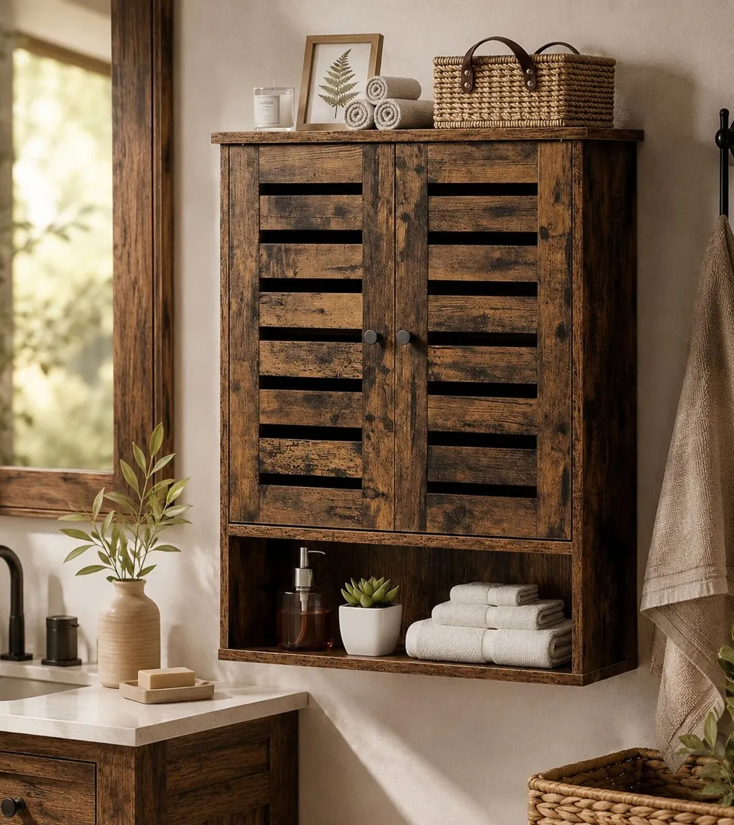 Rustic Wall-Mounted Bathroom Cabinet Vintage Woode - Image 1