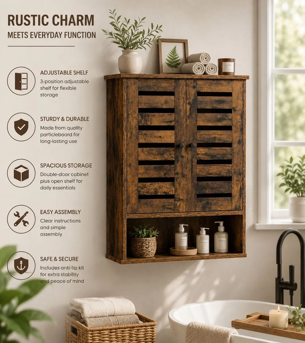 Rustic Wall-Mounted Bathroom Cabinet Vintage Woode - Image 2