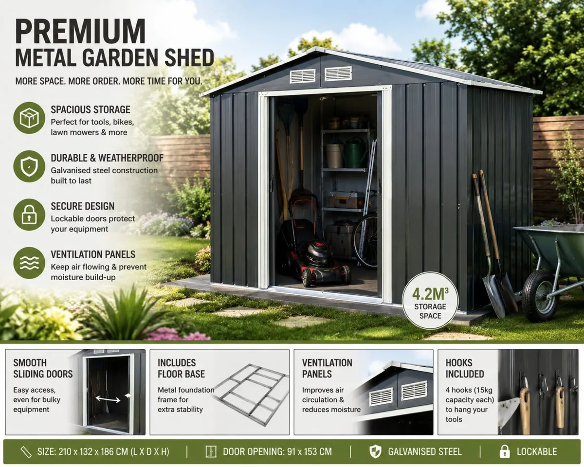 7ft x 4ft Metal Garden Shed with Foundation Frame - Image 1