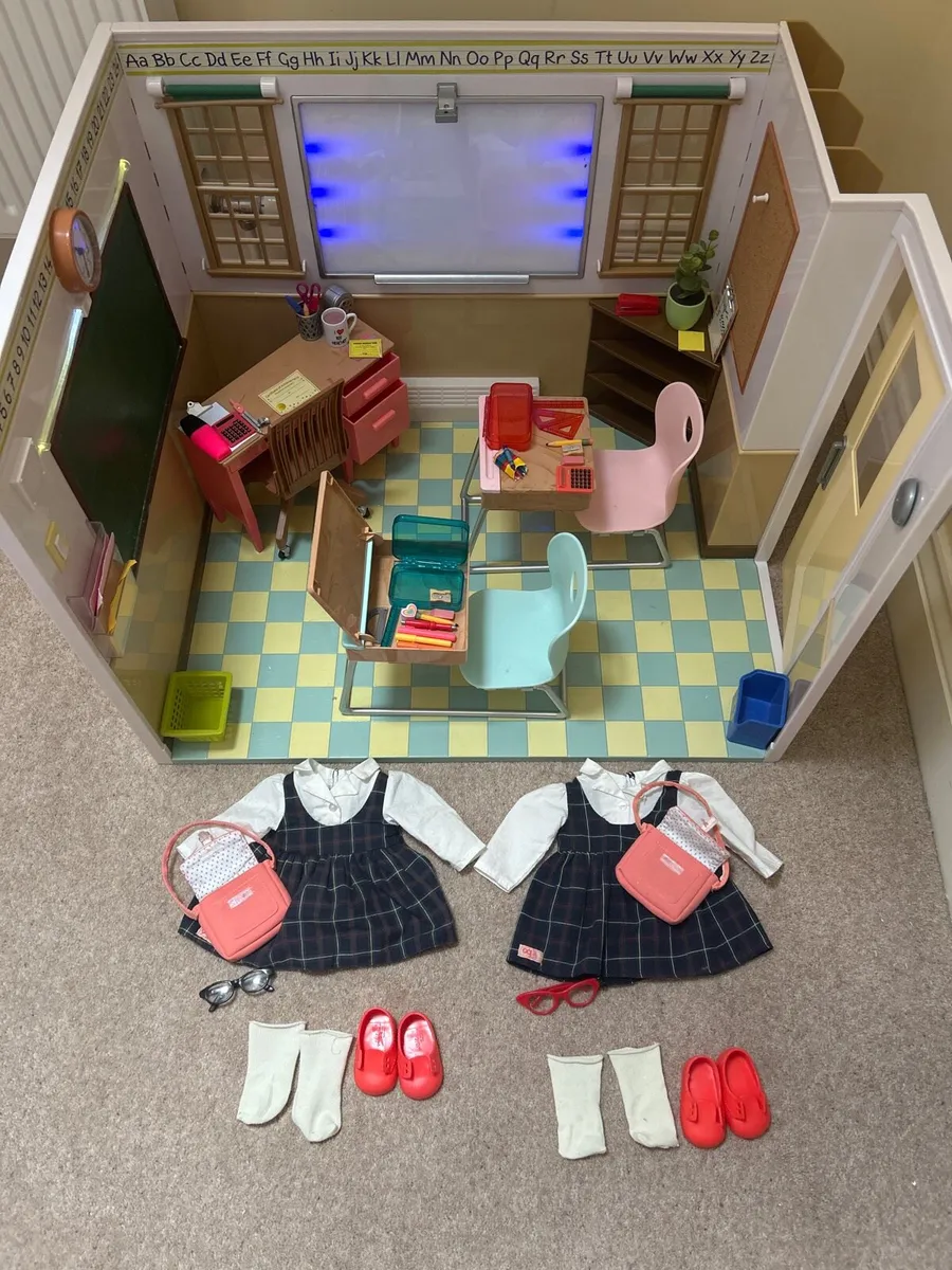 Our Generation schoolhouse and 2 school uniforms - Image 1