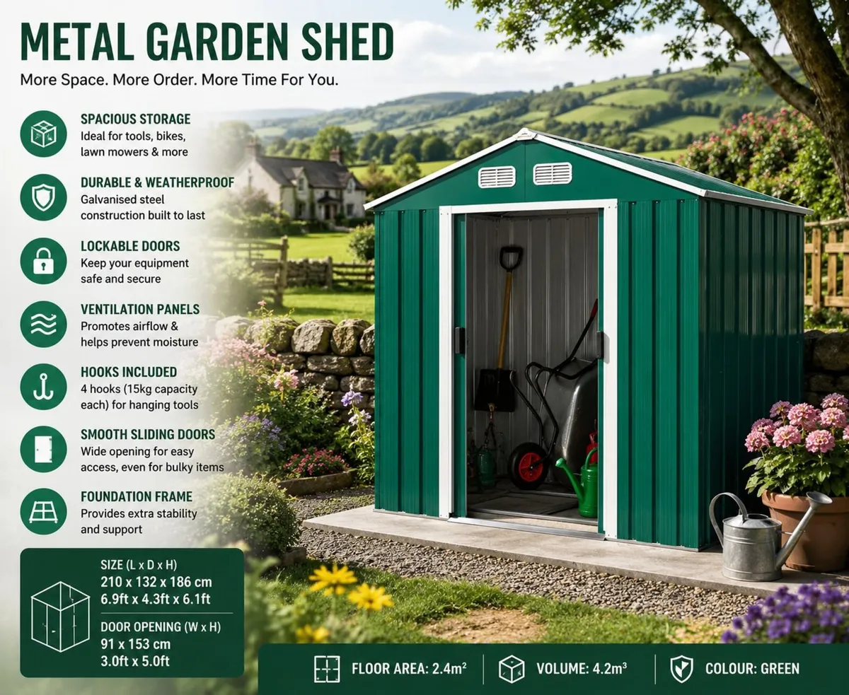 7ft x 4ft Metal Garden Shed with Foundation Frame - Image 1