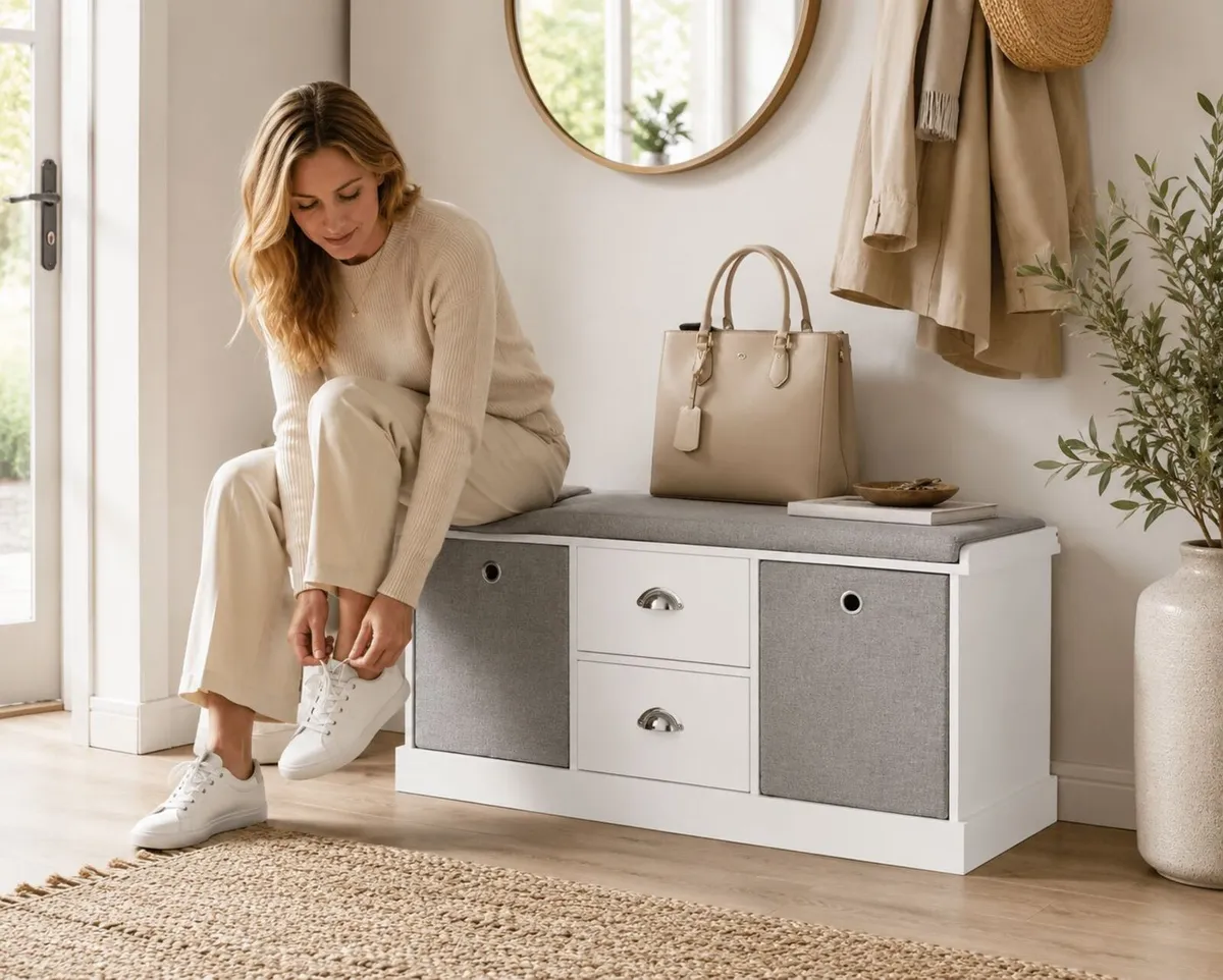 White Shoe Storage Bench with Cushion and Drawers - Image 1