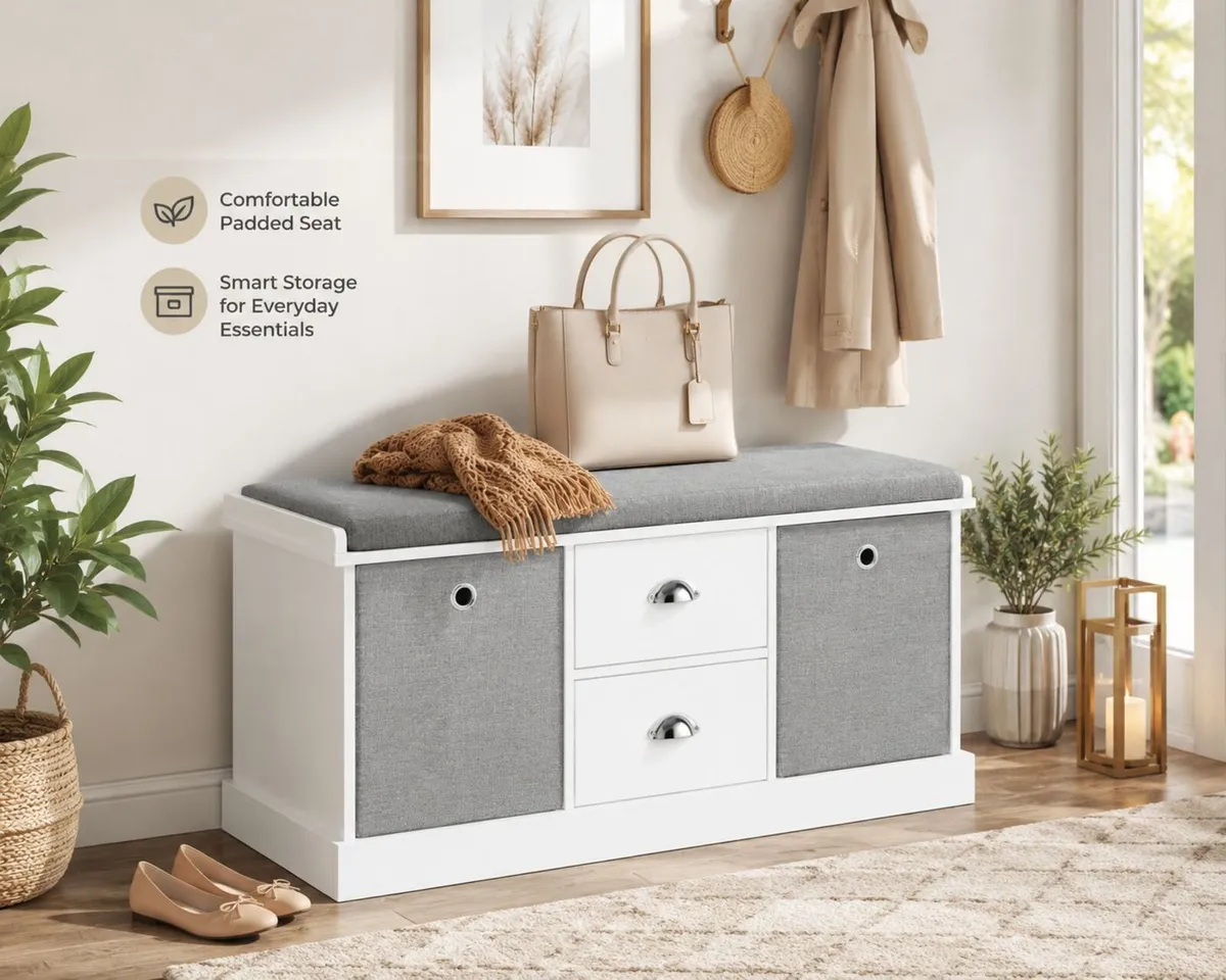 White Shoe Storage Bench with Cushion and Drawers - Image 2