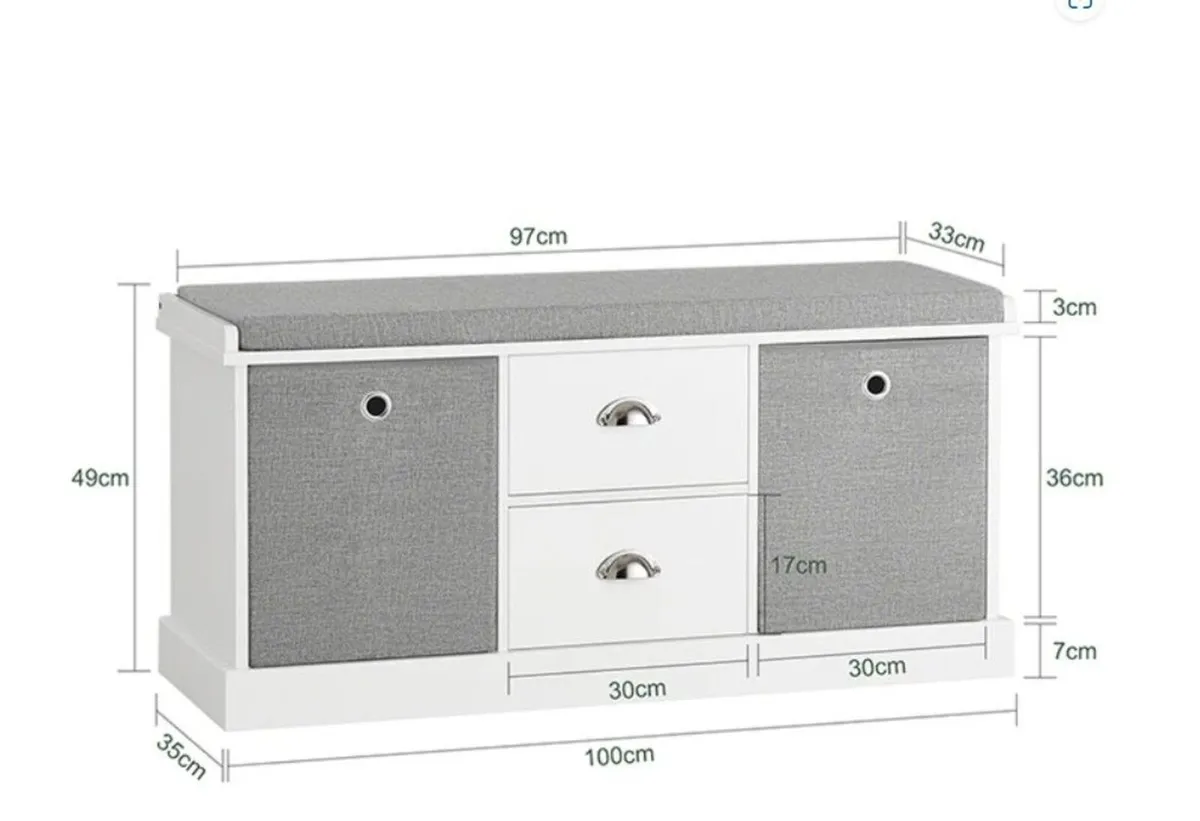 White Shoe Storage Bench with Cushion and Drawers - Image 3