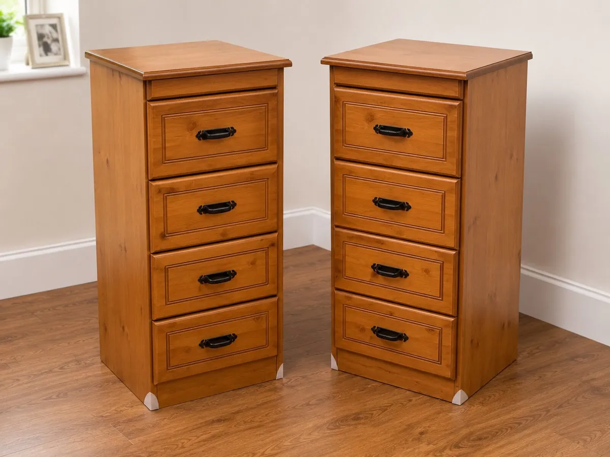 Pair of Solid Pine 5 Drawer Tallboy Chests –