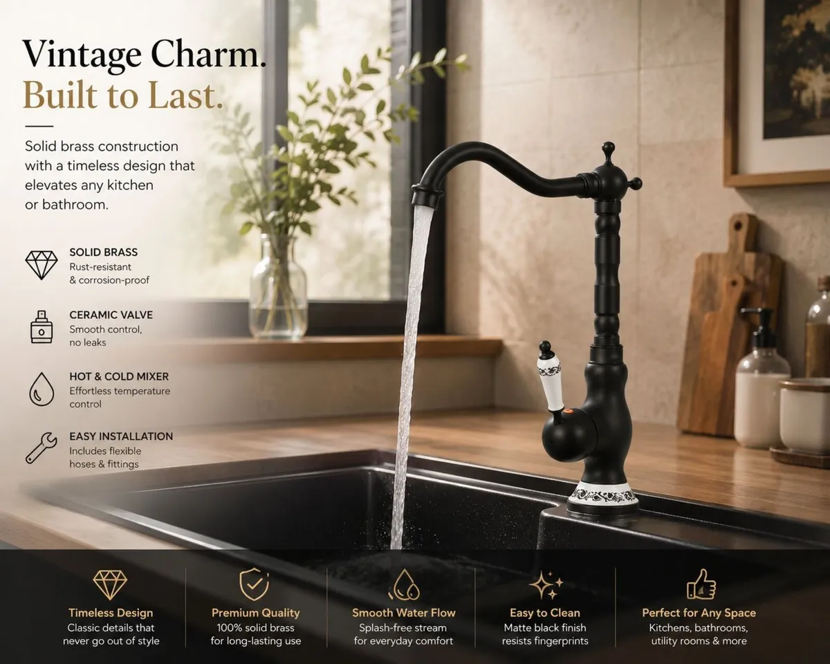 Black Brass Kitchen Bathroom Mixer Tap Vintage-Sty - Image 1