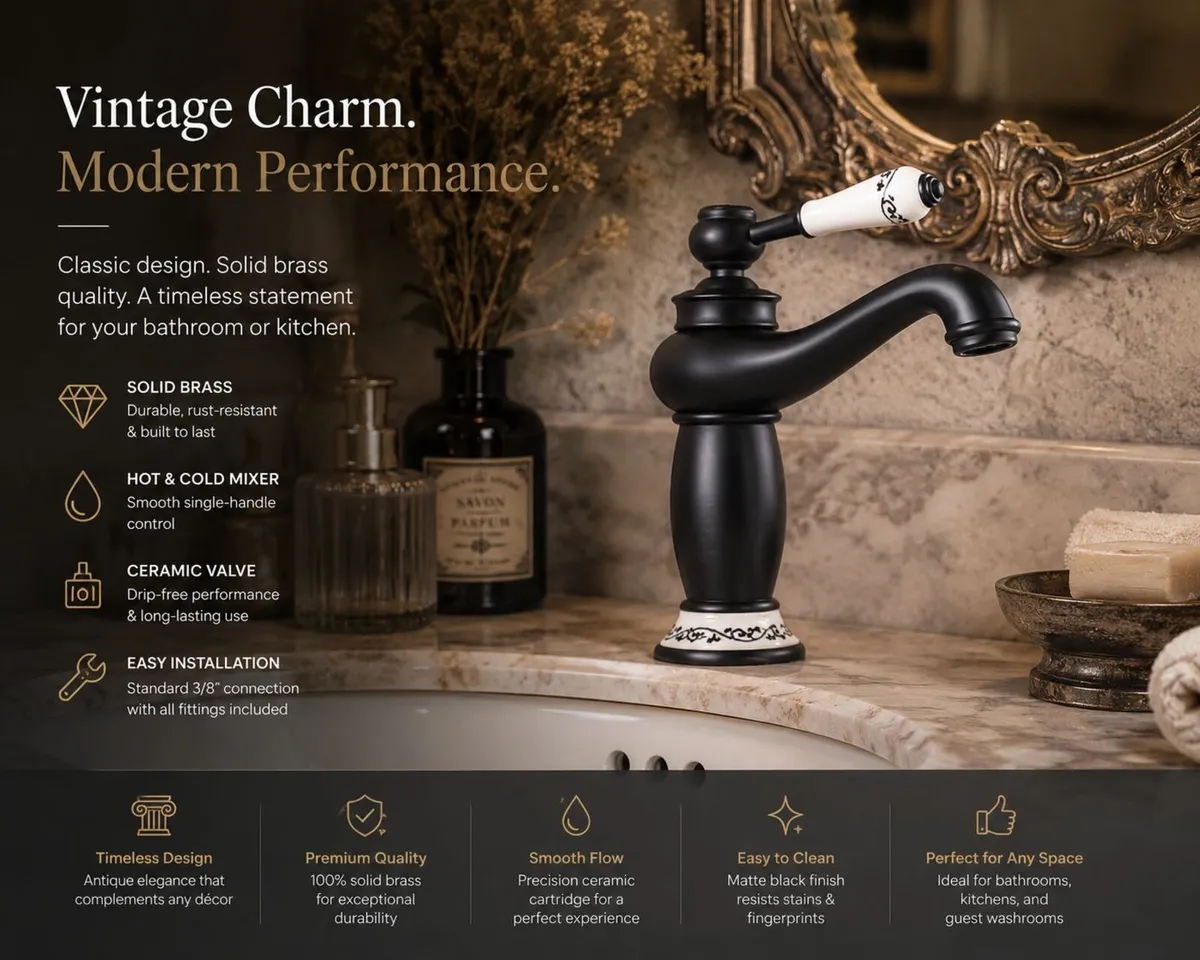 Antique Black Basin Faucet Solid Brass Vintage Tap - Image 1