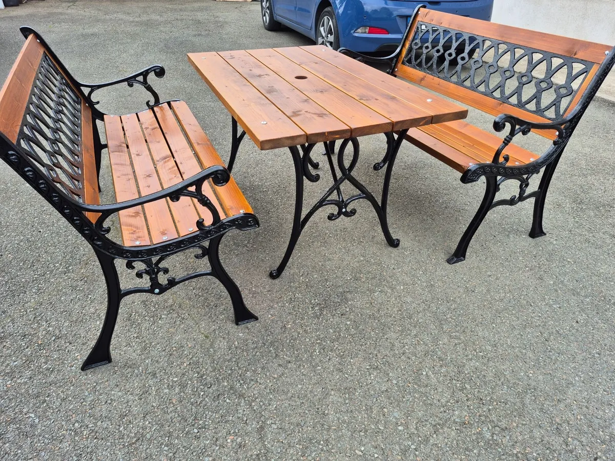 Cast iron table and benches - Image 2