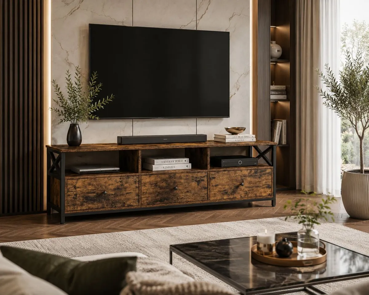 Industrial TV Cabinet with 3 Drawers Rustic Brown - Image 1