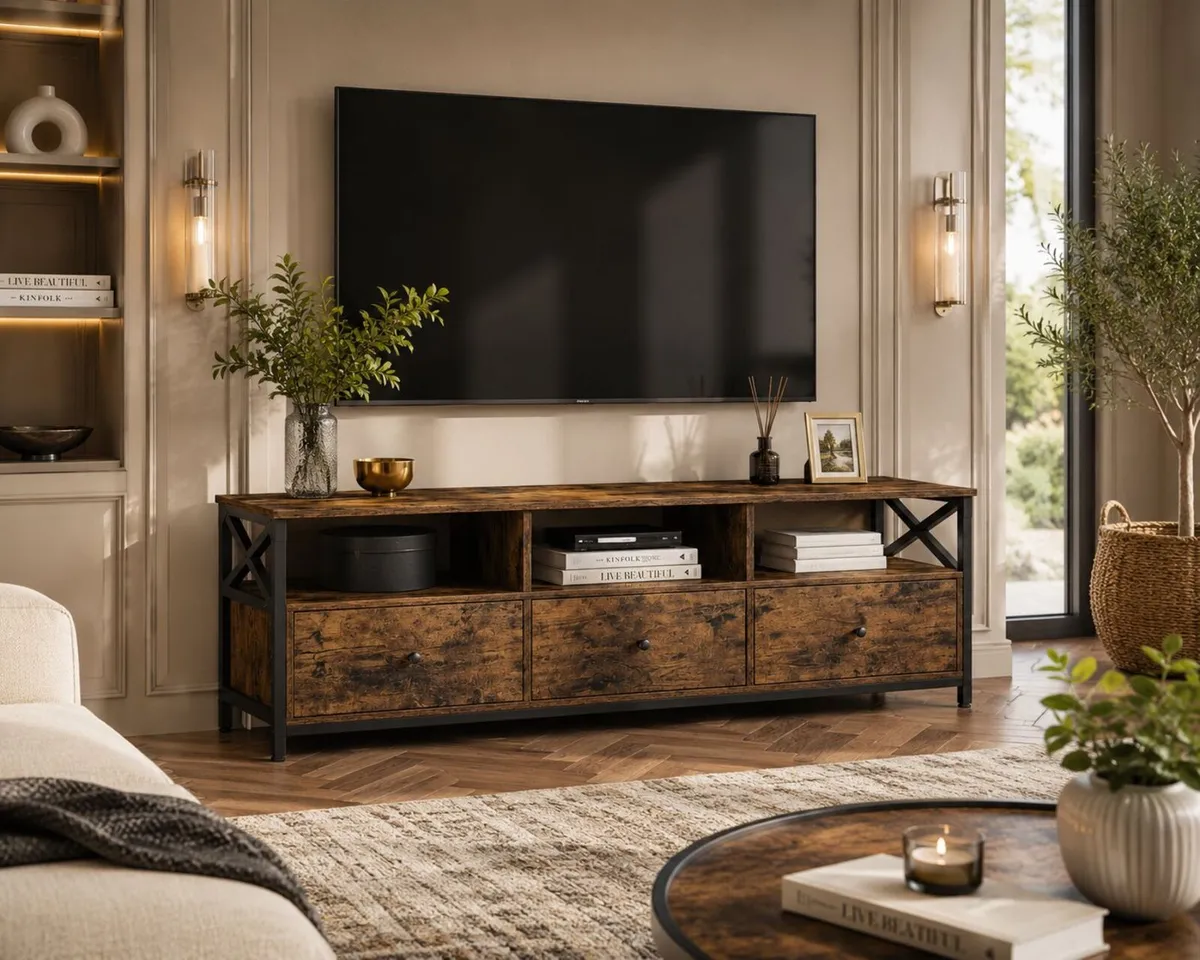 Industrial TV Cabinet with 3 Drawers Rustic Brown - Image 2