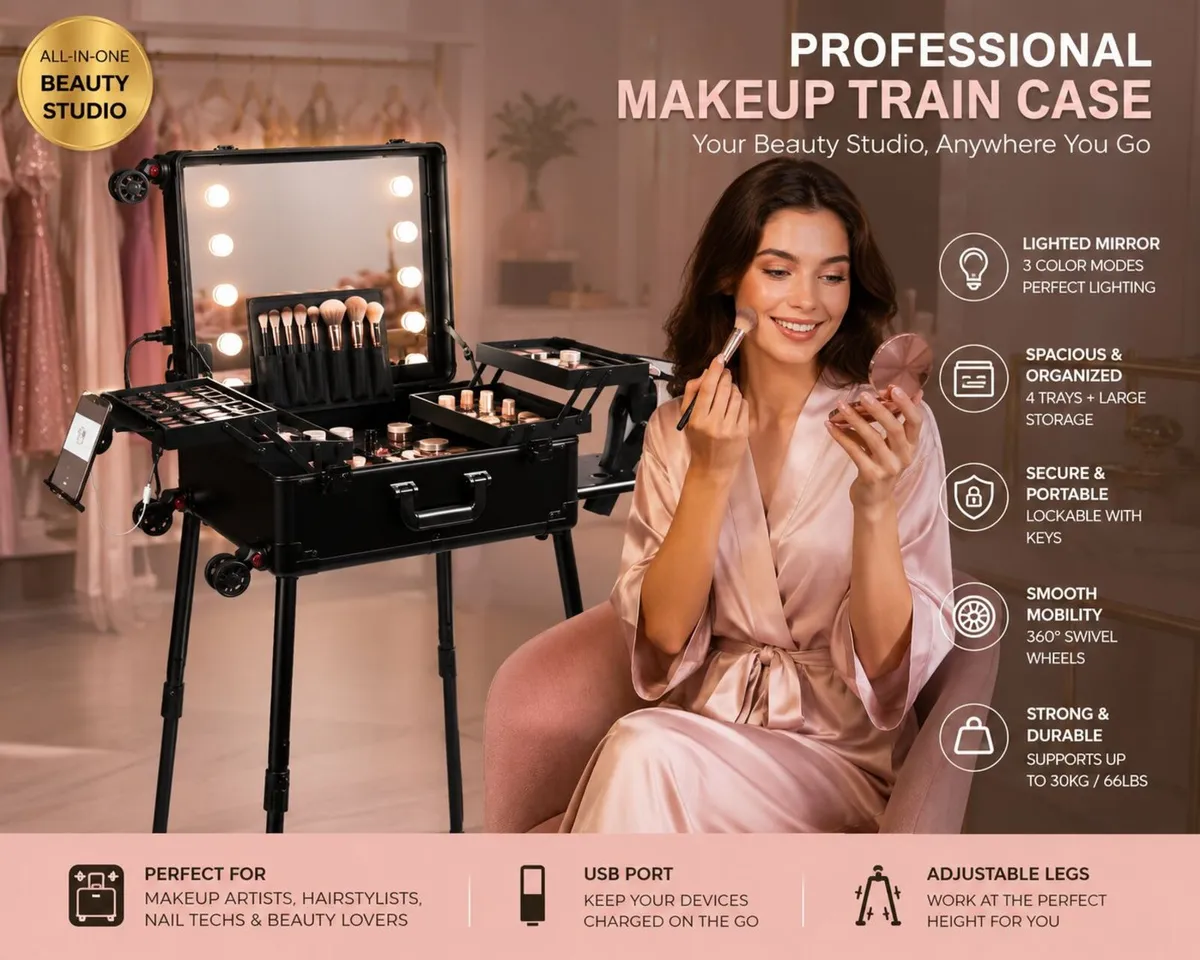 Professional Makeup Train Case with LED Lighted Mi - Image 2