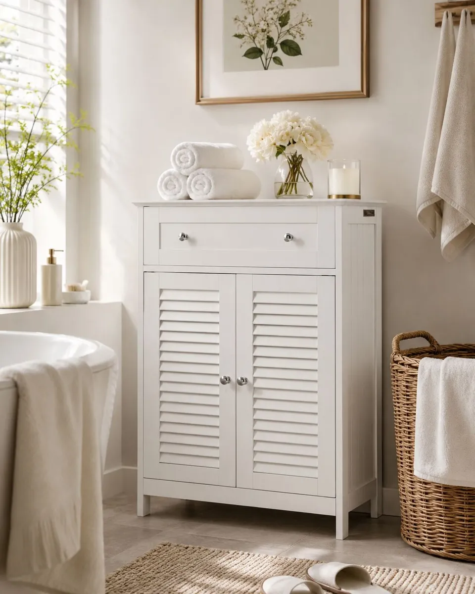 White Bathroom Storage Cabinet with Drawer & Louve - Image 1