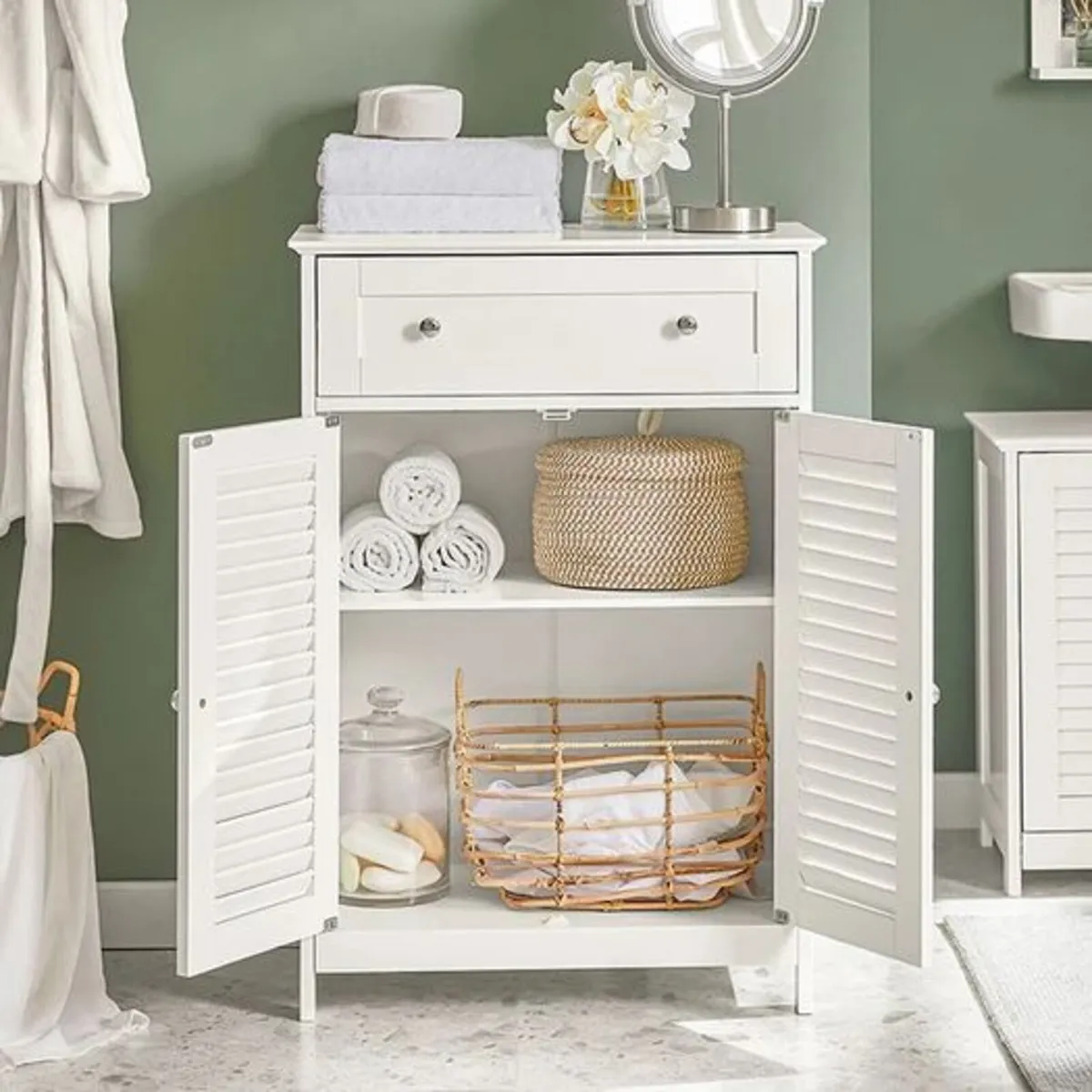 White Bathroom Storage Cabinet with Drawer & Louve - Image 3