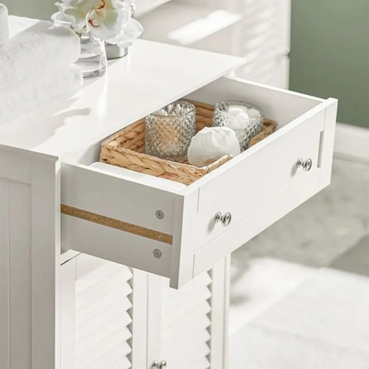 White Bathroom Storage Cabinet with Drawer & Louve - Image 4