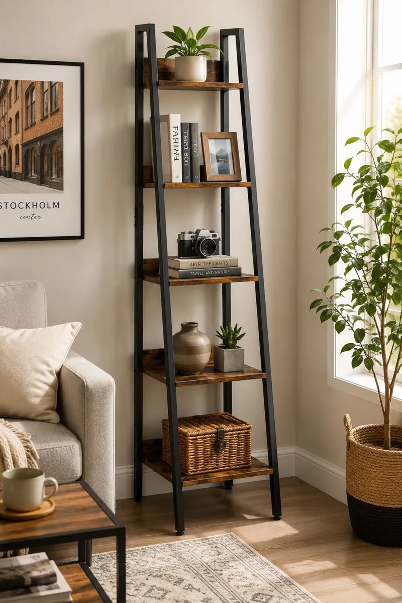 Industrial 5-Tier Ladder Bookshelf – Vintage Brown - Image 1