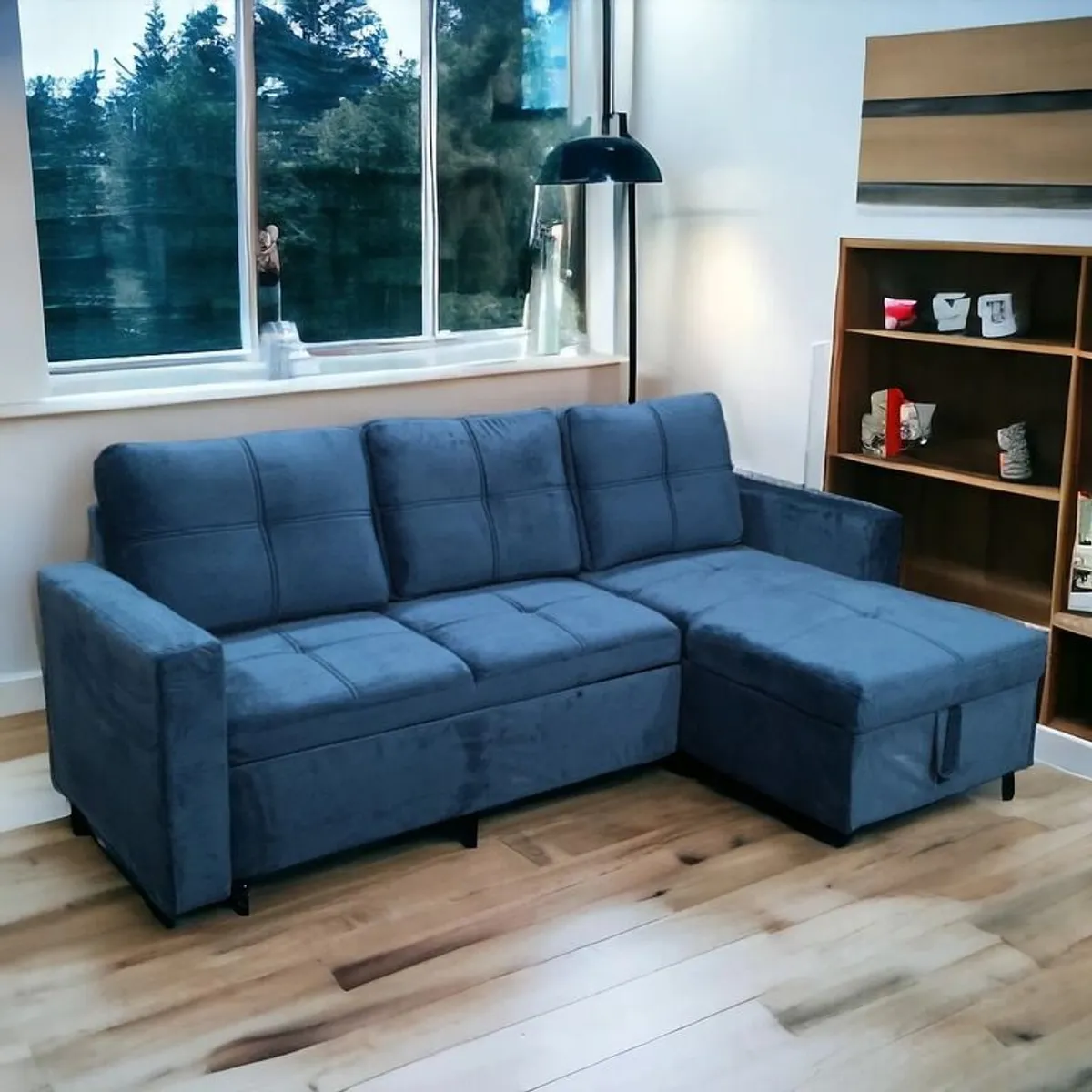 Blue Velvet Corner Sofa Bed with Storage - Free Delivery Ireland - Image 2