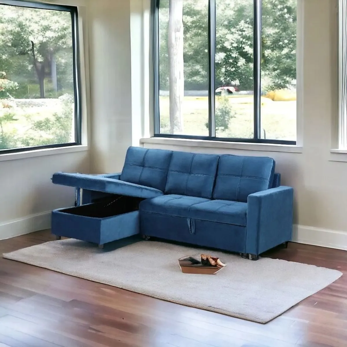 Blue Velvet Corner Sofa Bed with Storage - Free Delivery Ireland - Image 1